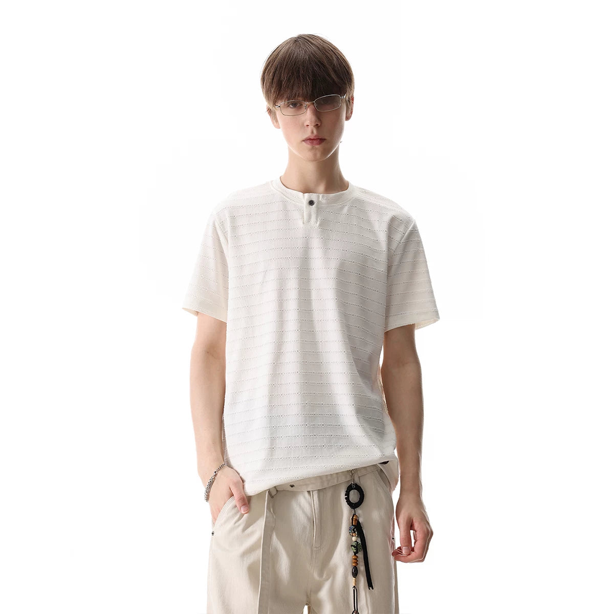TREND ST cleanfit texture striped short sleeved T-shirt for men's summer light luxury vintage style Henry collar top