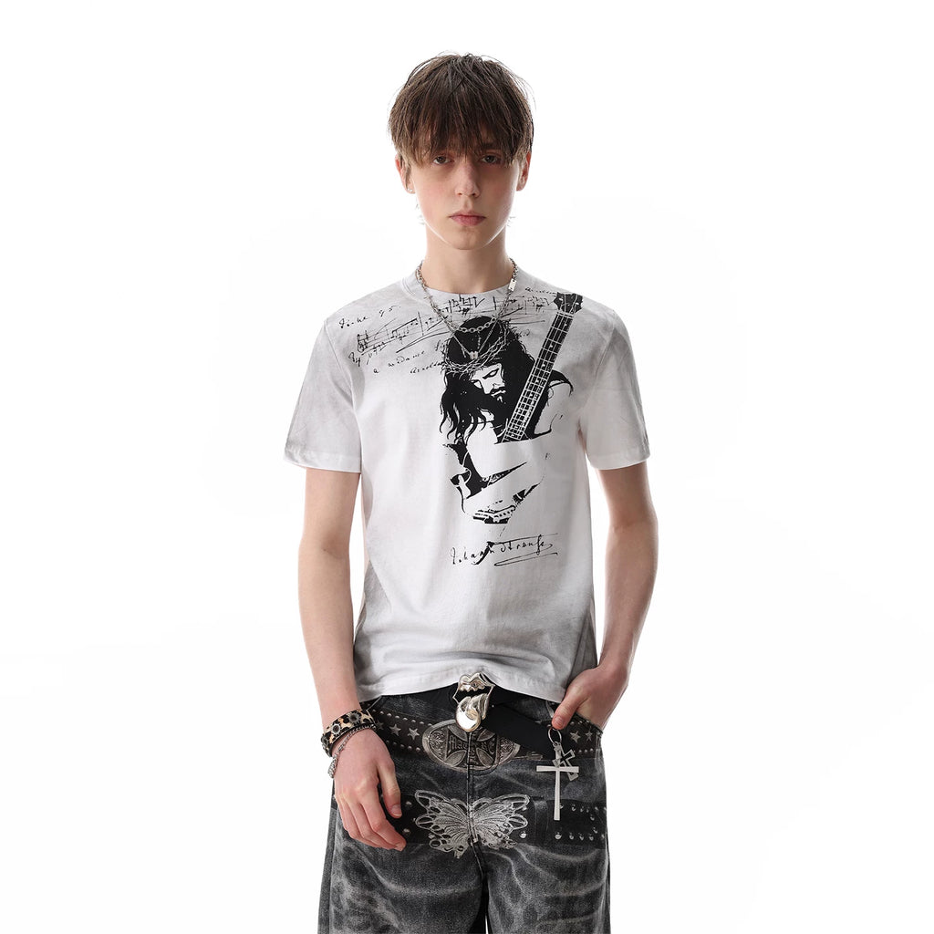 TREND ST Street Punk Graffiti Rock Character Printed Short sleeved T-shirt for Men's Summer Slimming Short Style Boxy