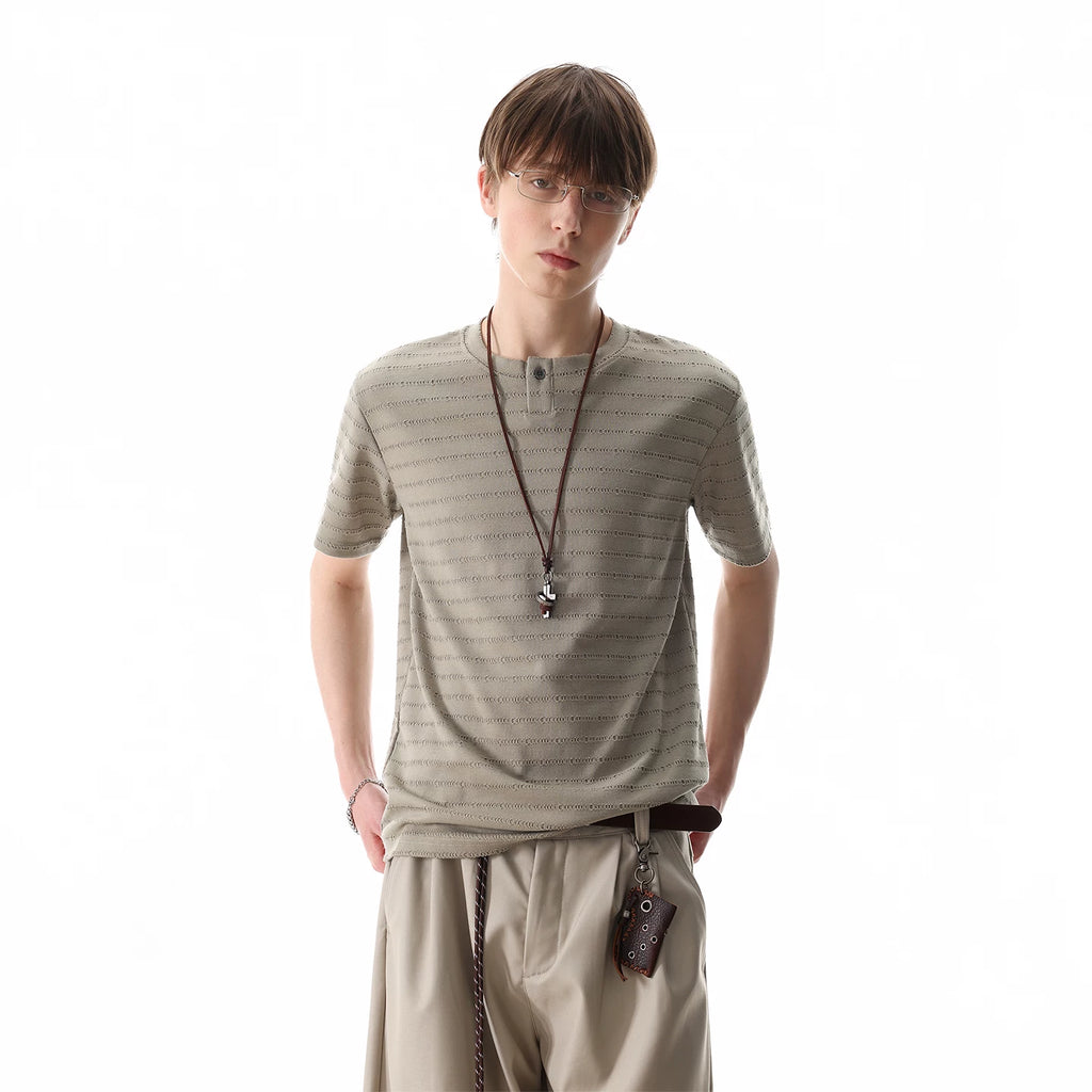 TREND ST cleanfit texture striped short sleeved T-shirt for men's summer light luxury vintage style Henry collar top