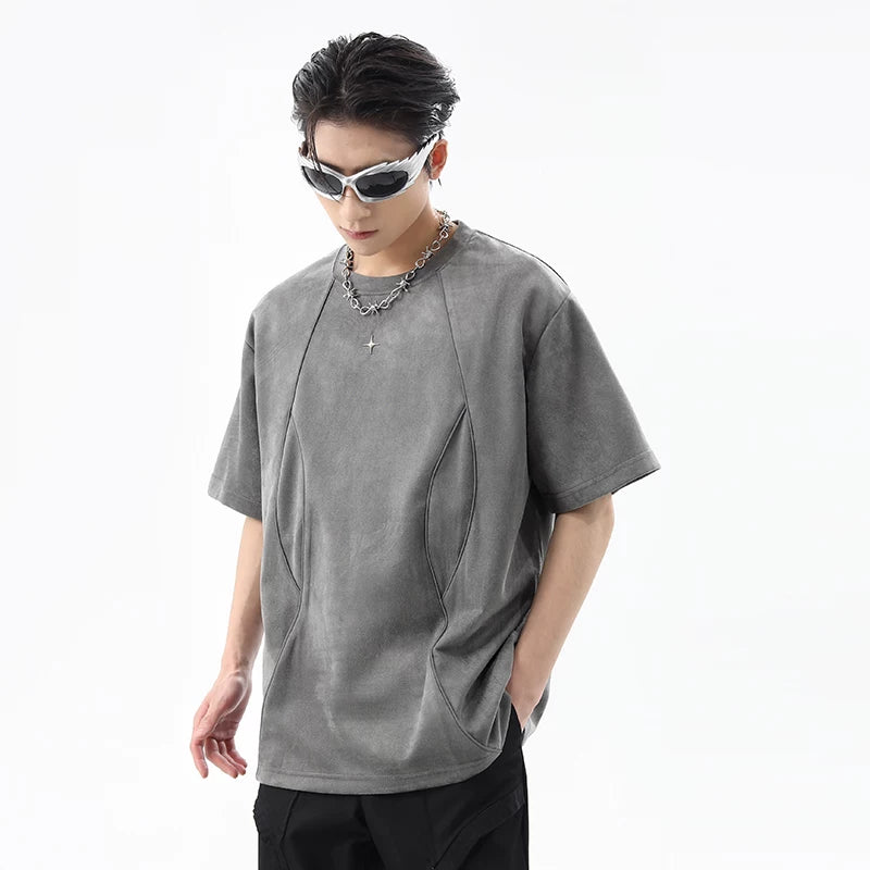 High street niche design suede short sleeved t-shirt men's summer American deconstructive reflective strip loose couple T-shirt