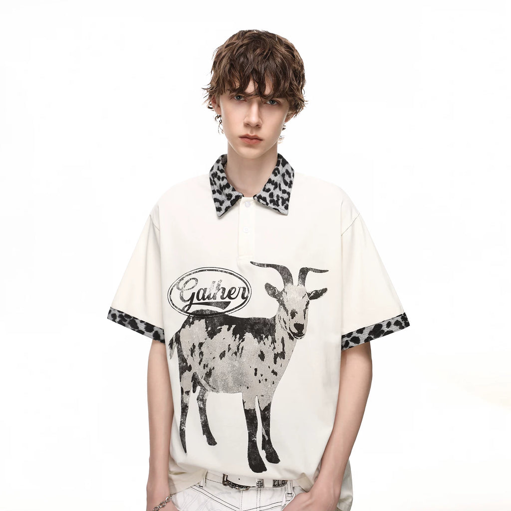 Trendy block American style loose goat print polo shirt short sleeved men's summer leopard print patchwork couple T-shirt