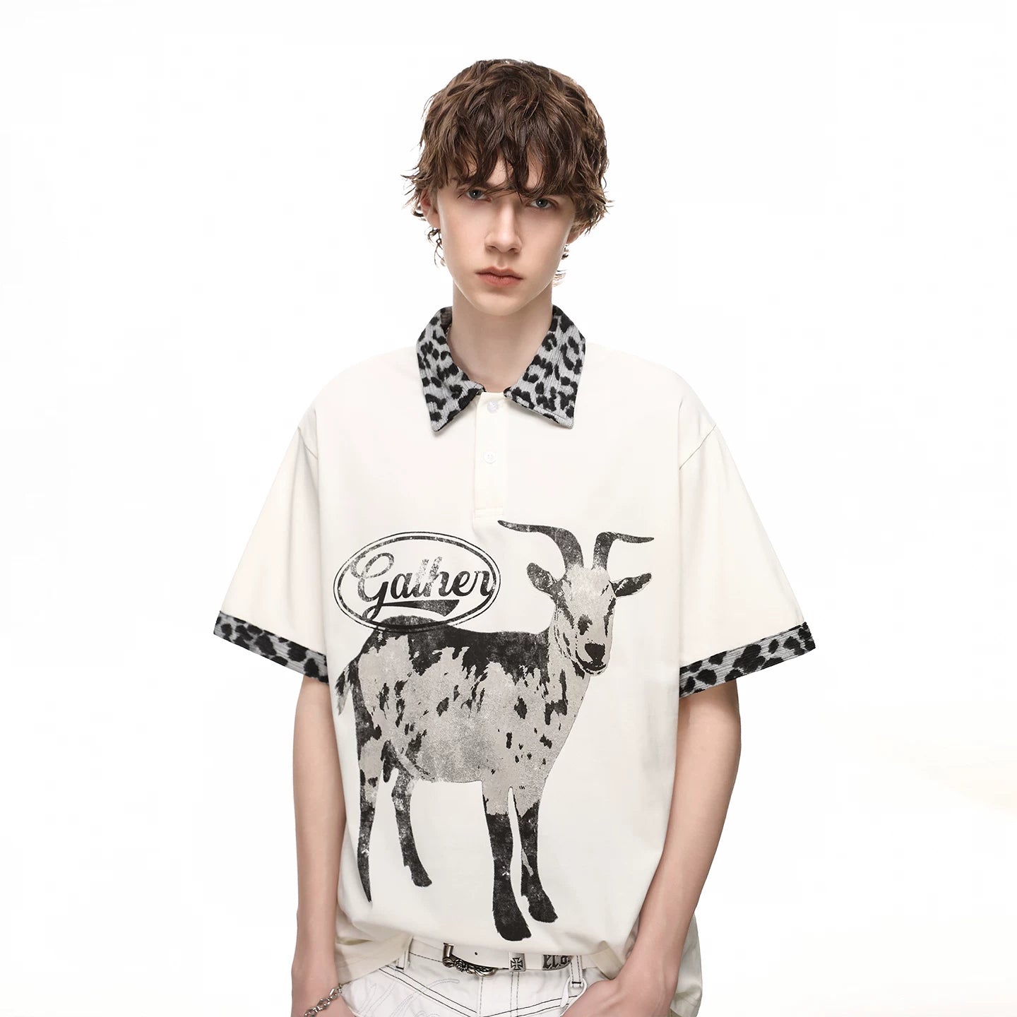 Trendy block American style loose goat print polo shirt short sleeved men's summer leopard print patchwork couple T-shirt