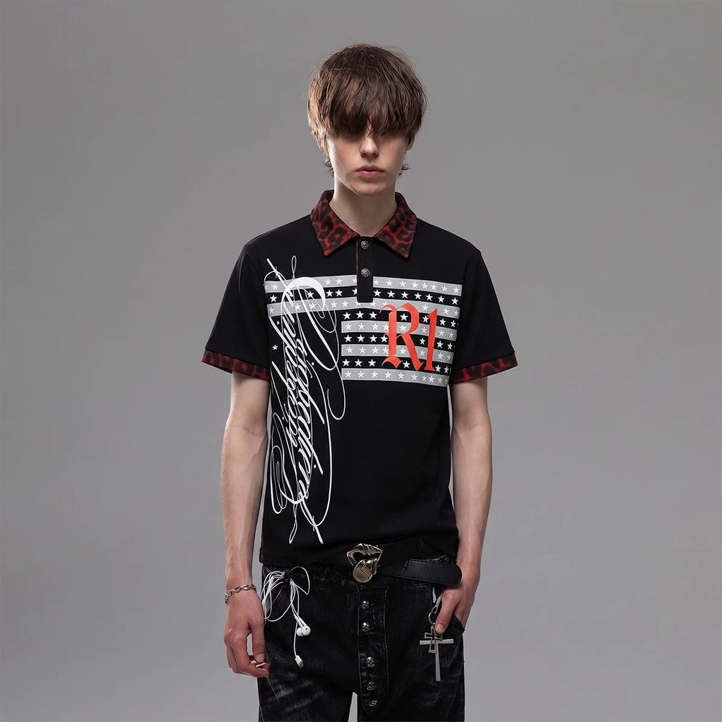 TREND ST Street Punk Printed Shoulder Short sleeved T-shirt for Men's Summer Leopard Pattern Splicing Boxy Short Polo Shirt