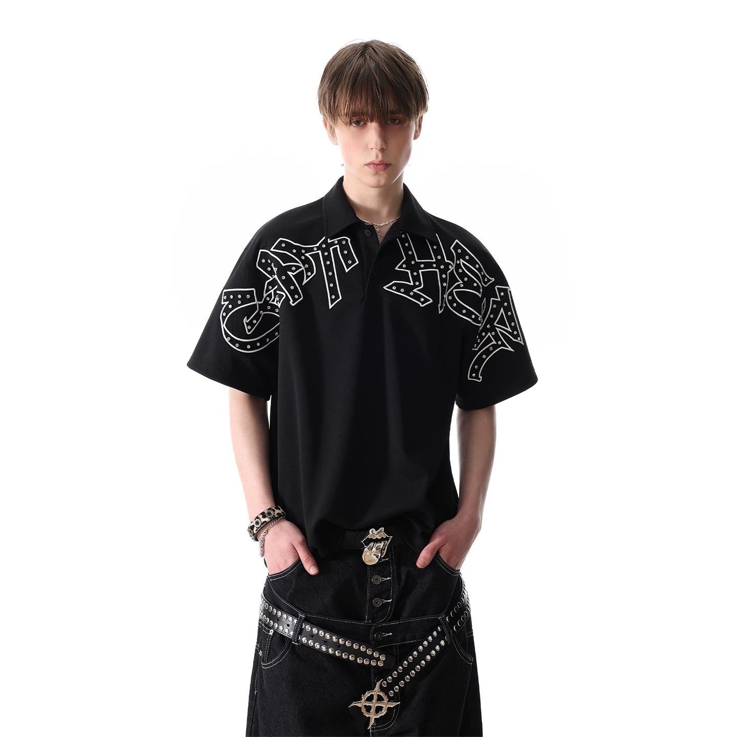 Original trendy brand visual style dark brick embroidered short sleeved shirt for men in summer, cool and loose half sleeved polo shirt