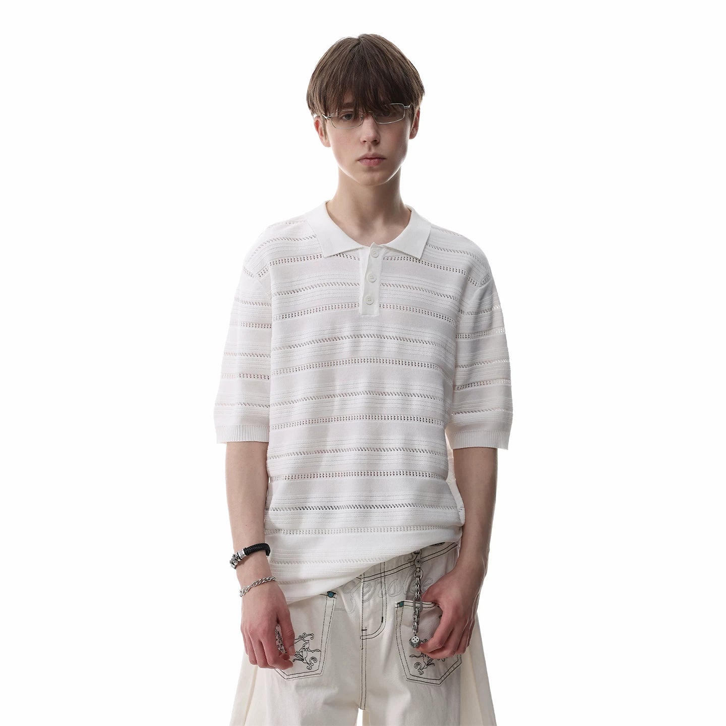Trendy block light luxury old money style hollow striped knitted polo shirt short sleeved men's summer loose couple half sleeved T-shirt