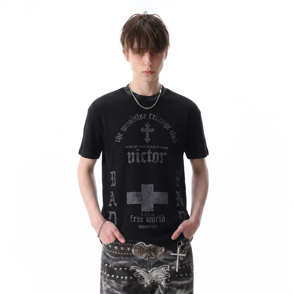 TRENDST street punk light Asian style vintage front shoulder short sleeved T-shirt for men's summer gothic printed waffle top