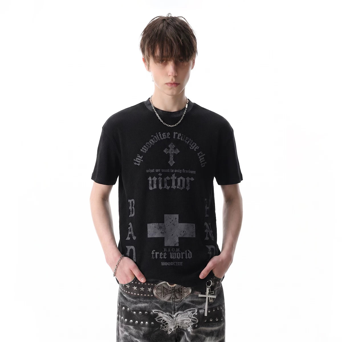 TRENDST street punk light Asian style vintage front shoulder short sleeved T-shirt for men's summer gothic printed waffle top