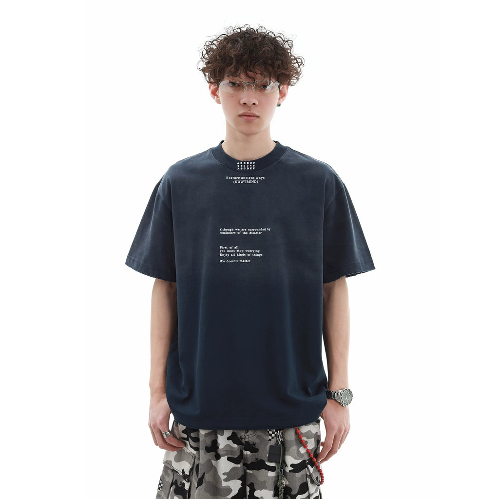 300g Heavy duty Small Collar T-shirt Men's Trendy Brand Loose Letter Pure Cotton Short Sleeve High Weight Remake Old Gradient T-shirt Summer
