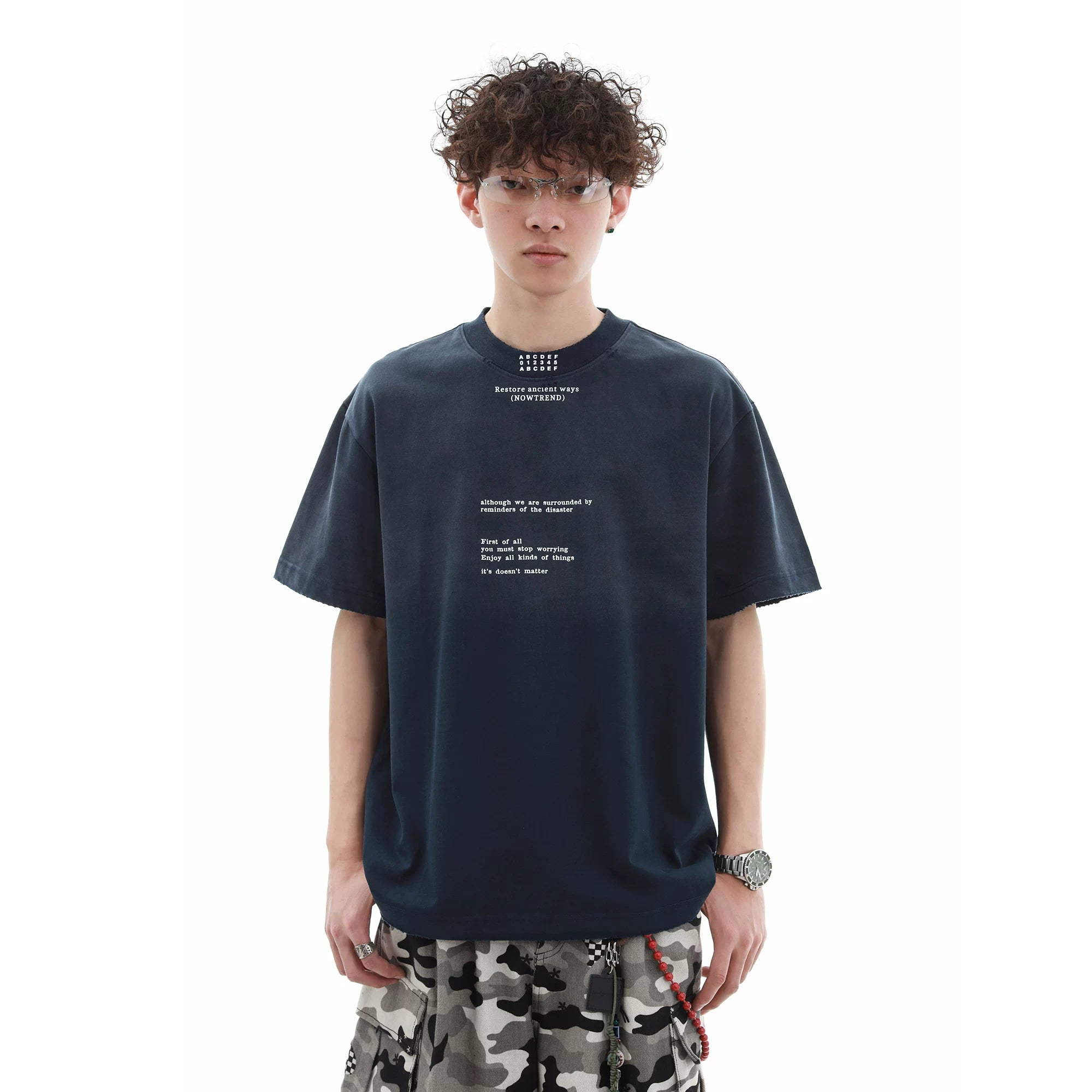 300g Heavy duty Small Collar T-shirt Men's Trendy Brand Loose Letter Pure Cotton Short Sleeve High Weight Remake Old Gradient T-shirt Summer