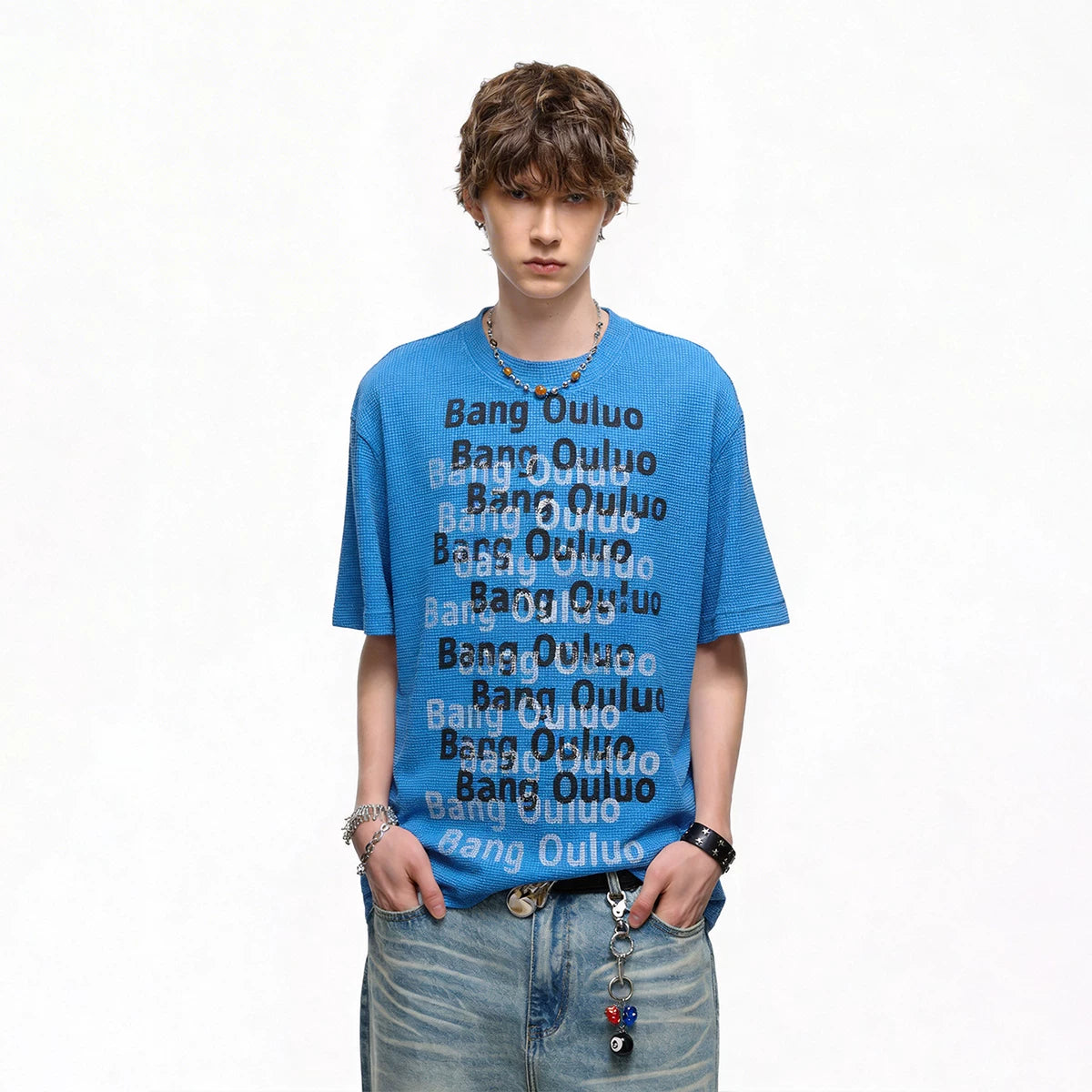 TREND ST American retro washed vintage printed short sleeved T-shirt for men's summer loose heavyweight waffle top