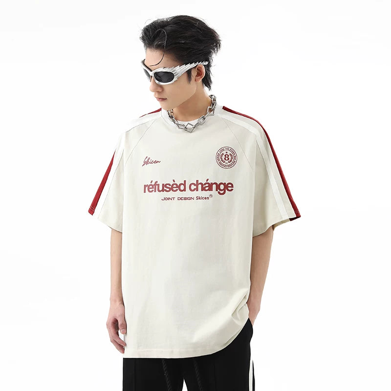 China-Chic hip-hop 260g heavy weight short sleeved t-shirt men's summer color contrast stitching deconstruction loose cotton lovers half sleeve tee