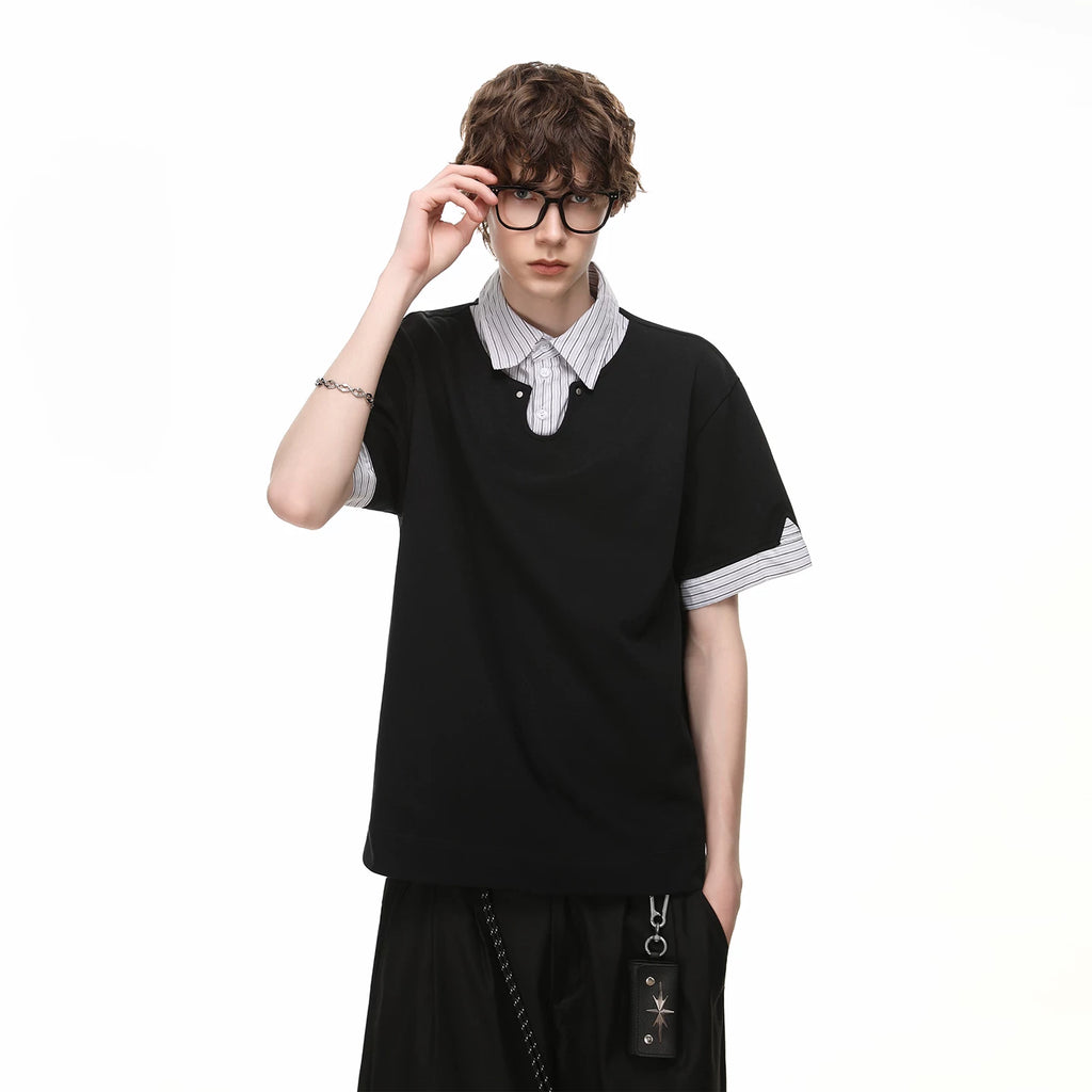 TREND ST fake two-piece striped contrasting polo shirt short sleeved men's and women's summer cleanfit loose collar t-shirt