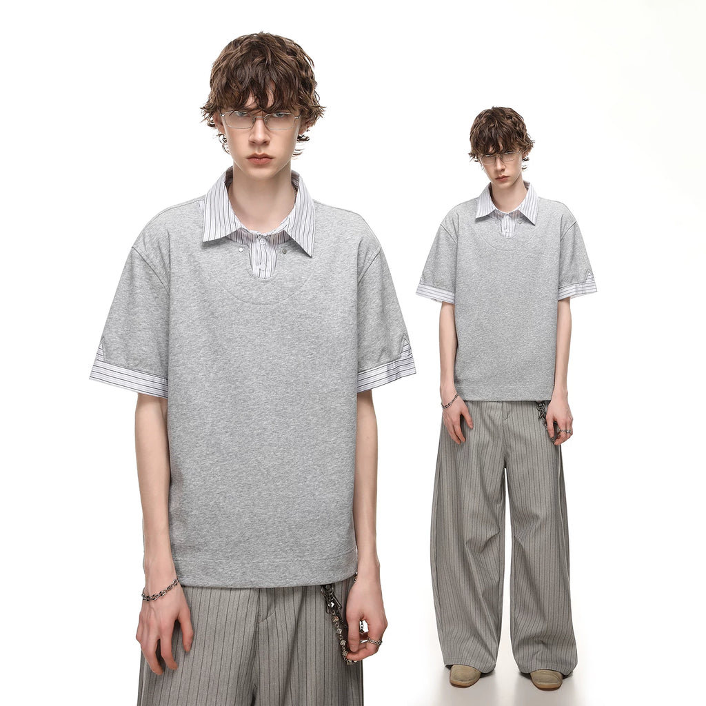 TREND ST fake two-piece striped contrasting polo shirt short sleeved men's and women's summer cleanfit loose collar t-shirt