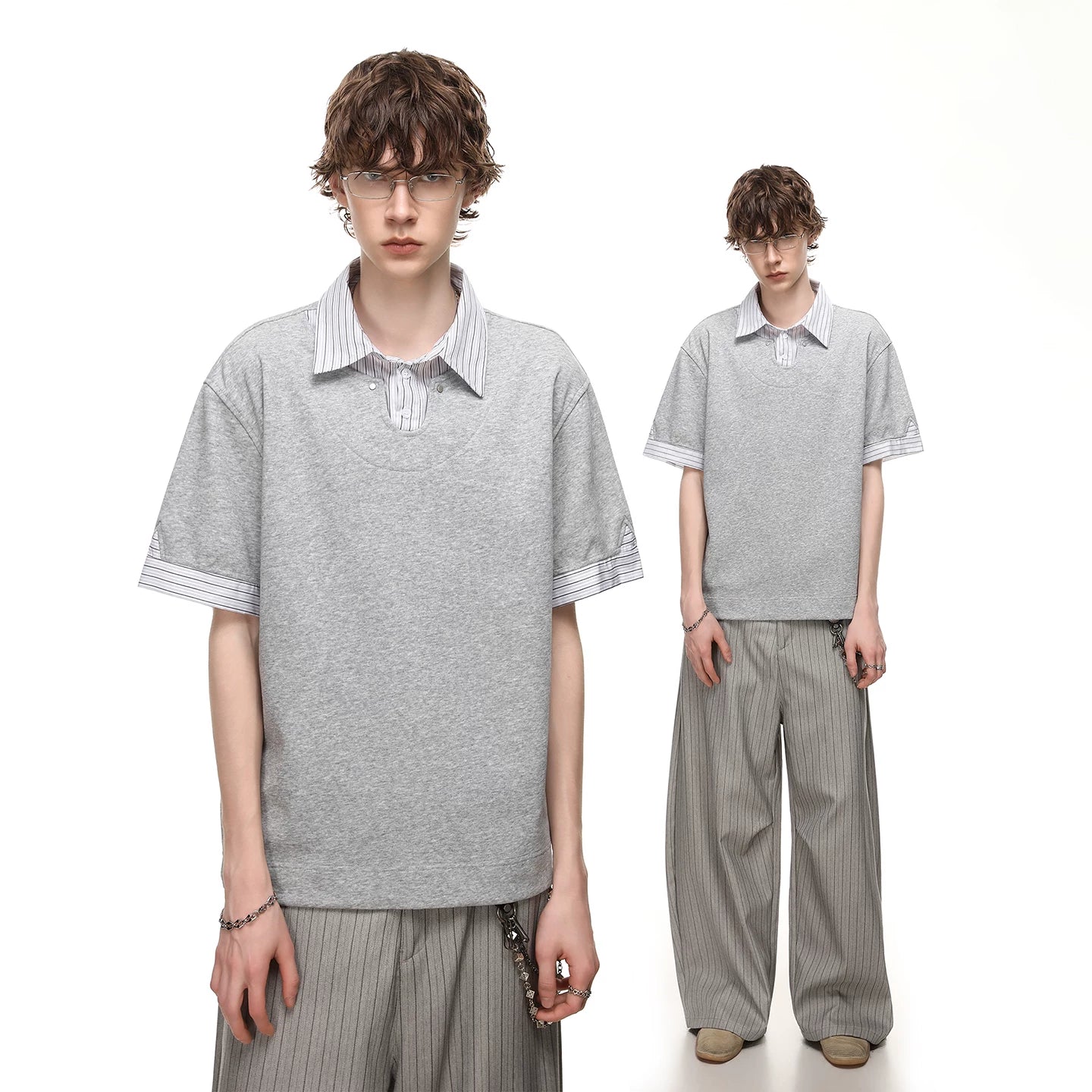 TREND ST fake two-piece striped contrasting polo shirt short sleeved men's and women's summer cleanfit loose collar t-shirt