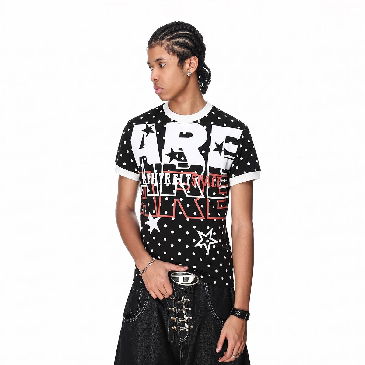 TREND ST Original Punk Light Yabo Dot Letter Elastic Slim Short Sleeve T-shirt Summer Boxy Shoulder Top
