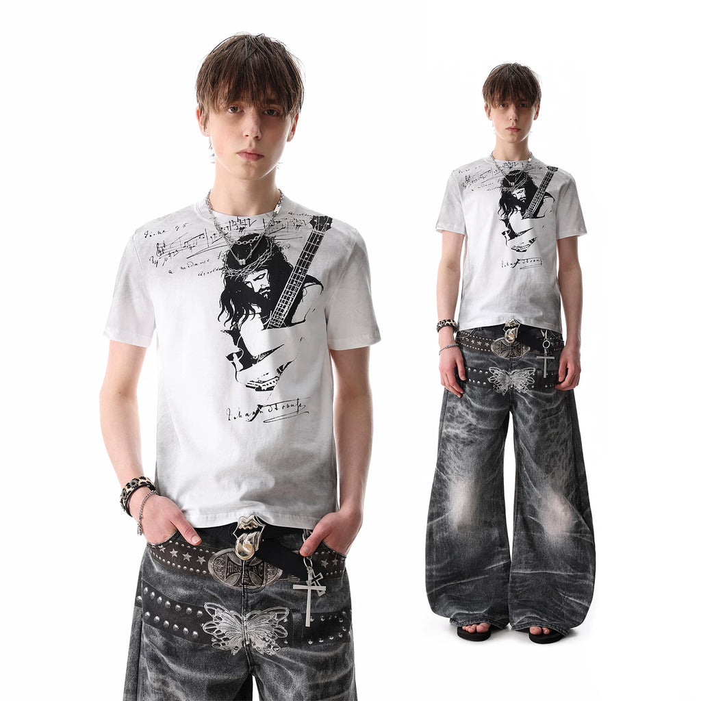 TREND ST Street Punk Graffiti Rock Character Printed Short sleeved T-shirt for Men's Summer Slimming Short Style Boxy