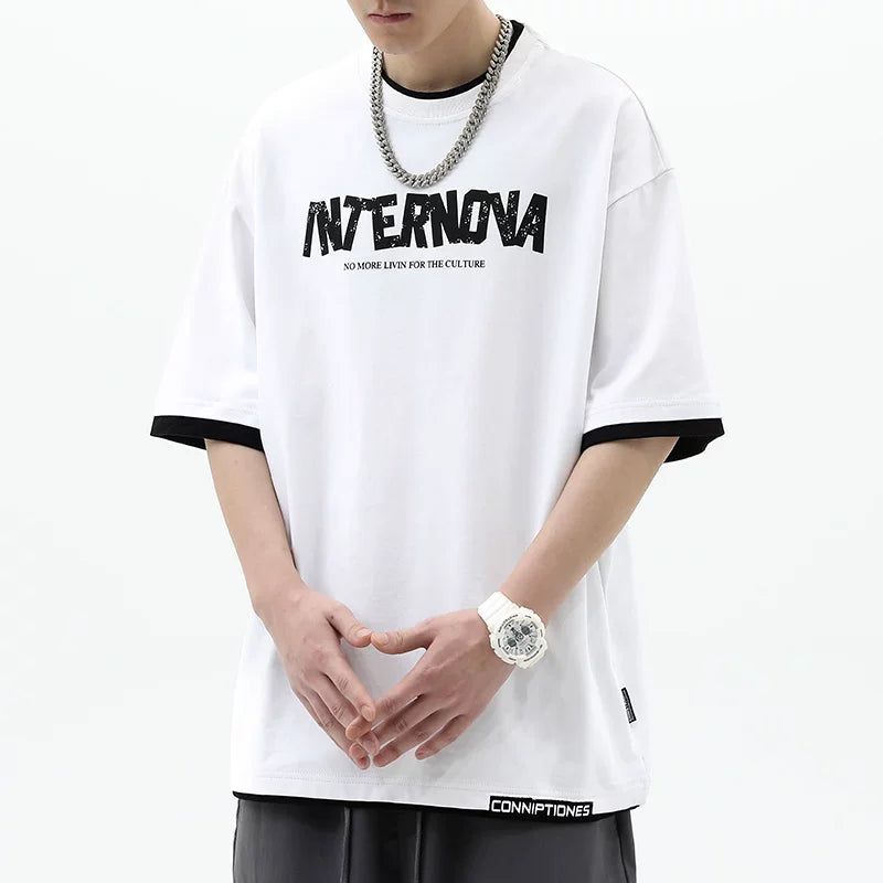 American high street splicing fake two piece short sleeved T-shirt men's summer trendy brand print loose couple layered half sleeved top