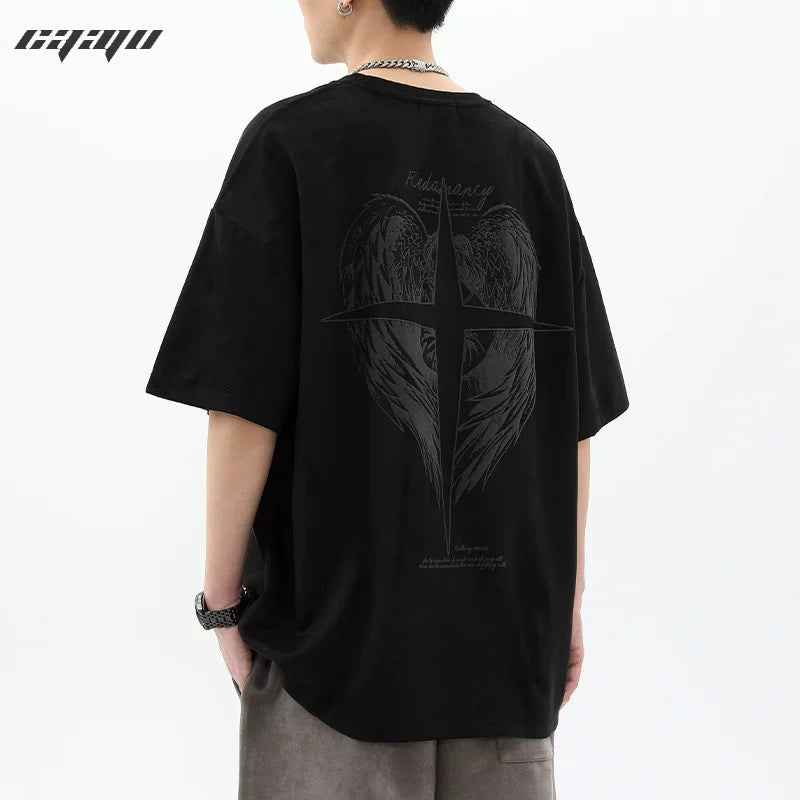 American high street suede angel cross short-sleeved T-shirt men's summer European and American retro loose oversize top