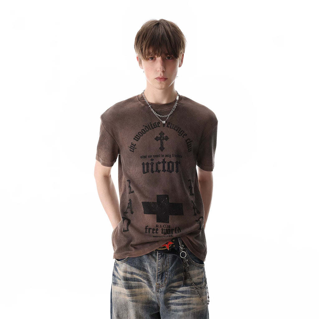TRENDST street punk light Asian style vintage front shoulder short sleeved T-shirt for men's summer gothic printed waffle top