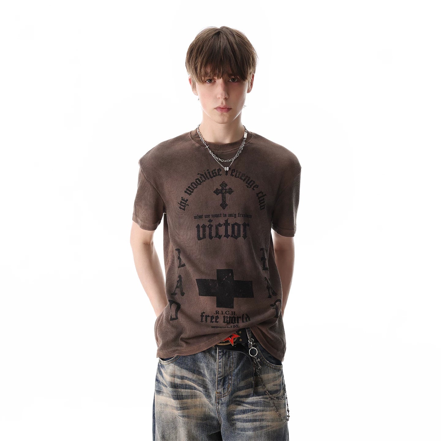 TRENDST street punk light Asian style vintage front shoulder short sleeved T-shirt for men's summer gothic printed waffle top