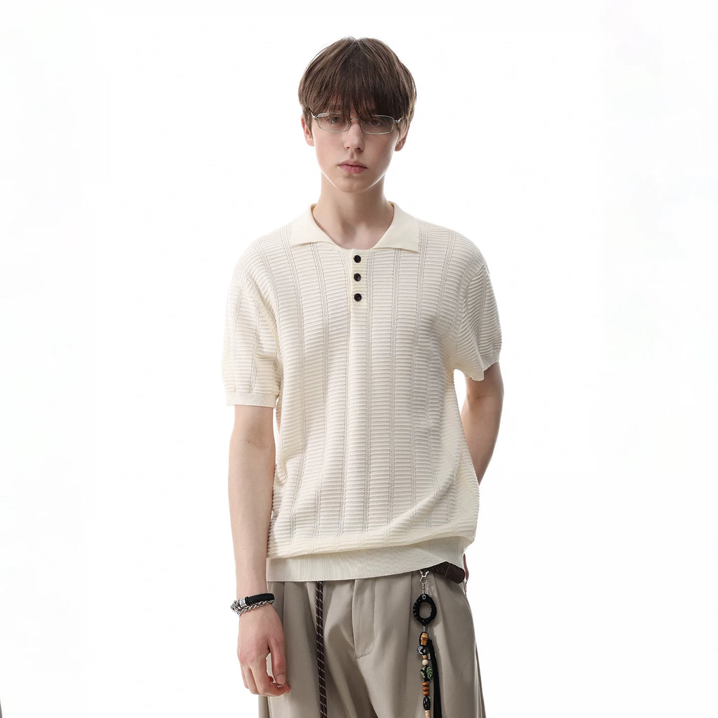 TREND ST old money style pit stripe texture knitted short sleeved polo shirt for men's summer retro short wide lapel T-shirt