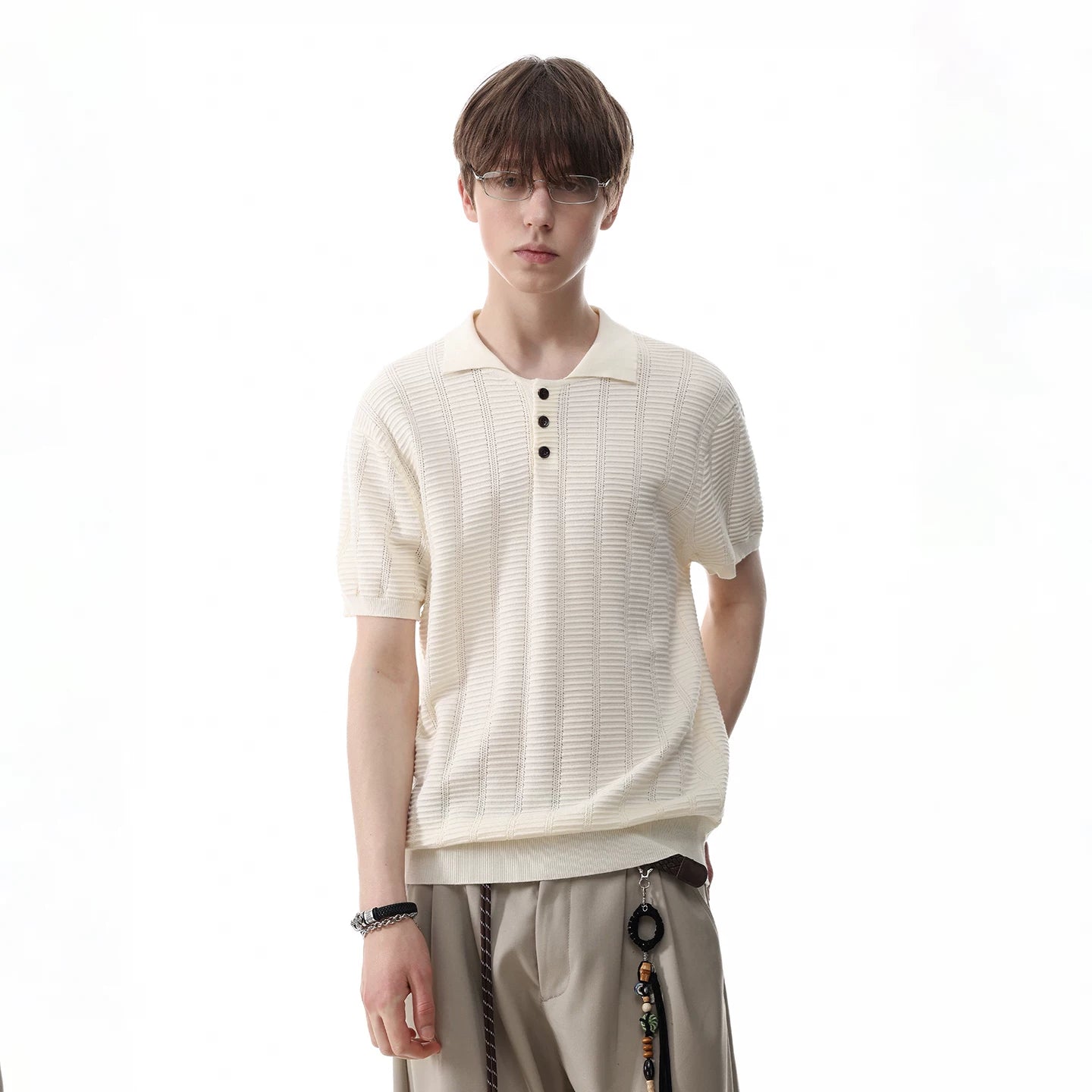 TREND ST old money style pit stripe texture knitted short sleeved polo shirt for men's summer retro short wide lapel T-shirt