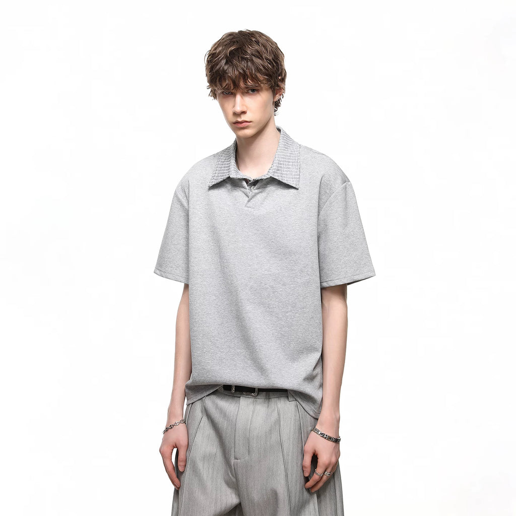 Trendy block summer miu department college style polo shirt short sleeved loose casual top for couples, fake two piece T-shirt