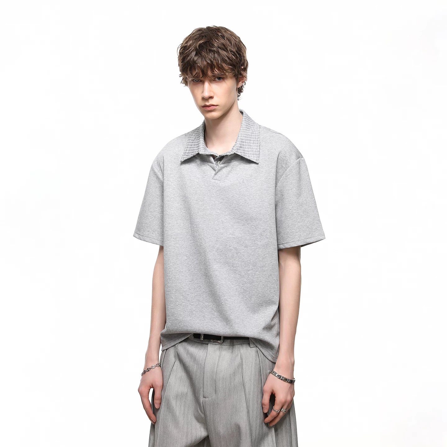 Trendy block summer miu department college style polo shirt short sleeved loose casual top for couples, fake two piece T-shirt