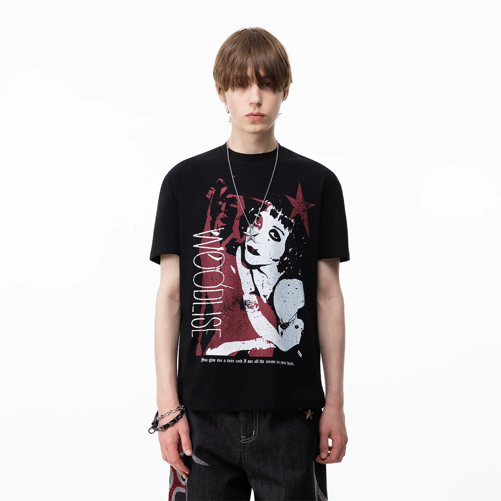 TREND ST Street Light Asian Punk Character Printed Short sleeved T-shirt for Men and Women Summer Boxy Shoulder Couple Top