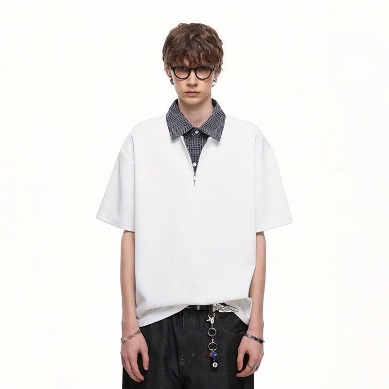 TREND ST American retro fake two-piece shirt collar short sleeved T-shirt men's summer checkered splicing loose polo shirt