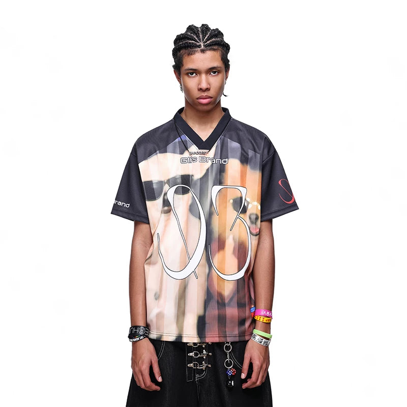TREND ST trendy American V-neck sports jerseys for men and women, summer dog print short sleeved t-shirts, loose baseball jerseys