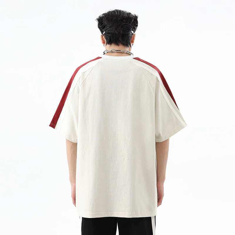 China-Chic hip-hop 260g heavy weight short sleeved t-shirt men's summer color contrast stitching deconstruction loose cotton lovers half sleeve tee