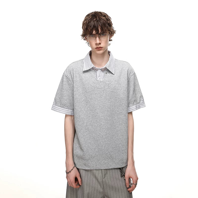 TREND ST fake two-piece striped contrasting polo shirt short sleeved men's and women's summer cleanfit loose collar t-shirt