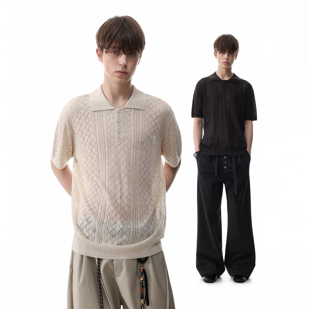 TREND ST Linen Old Money Style Hollow Jacquard Short Sleeve Polo Shirt for Men, Summer Short Width Breathable Knitted T-shirt