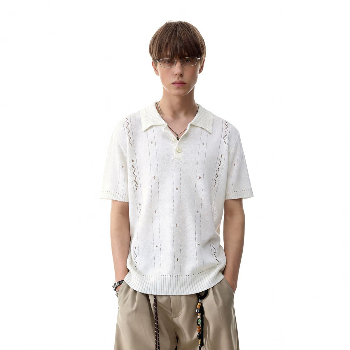 TREND ST old money style clean fit short knitted polo shirt men's summer hollow breathable short sleeved T-shirt