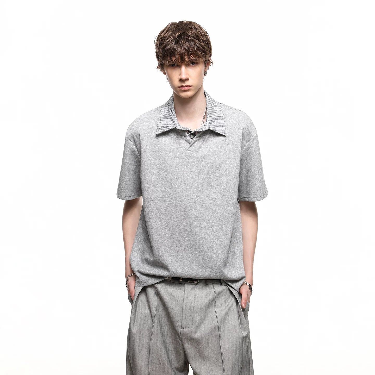 Trendy block summer miu department college style polo shirt short sleeved loose casual top for couples, fake two piece T-shirt
