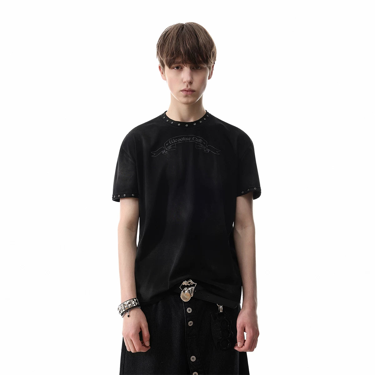 Visual style light Asian style vintage tie dye printed short sleeved men's summer shoulder boxy version rivet punk T-shirt