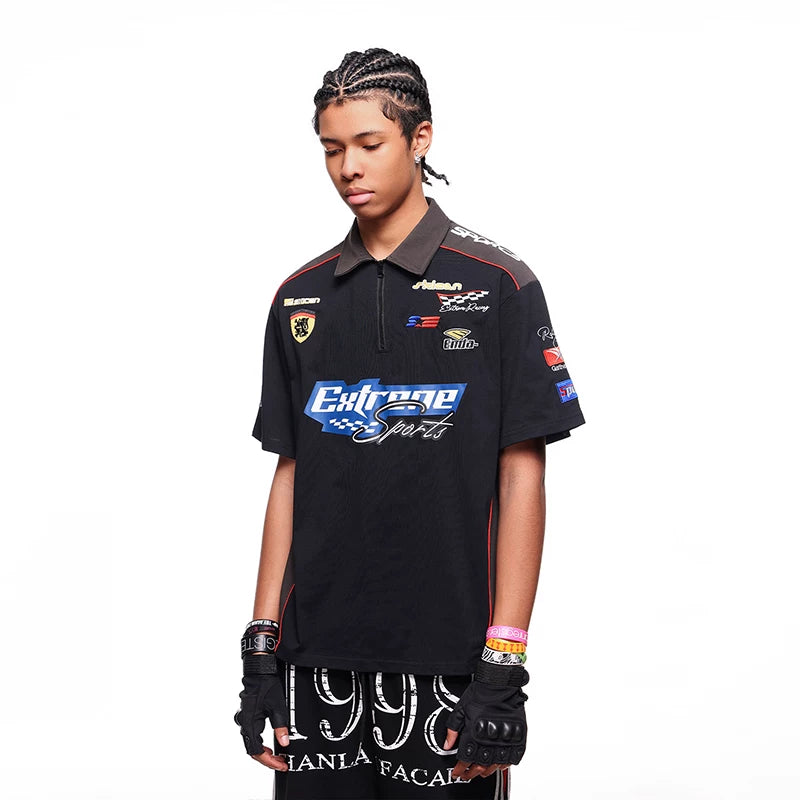 American high-end racing suit with half zipper collar T-shirt, men's summer loose design, embroidered polo shirt, short sleeved