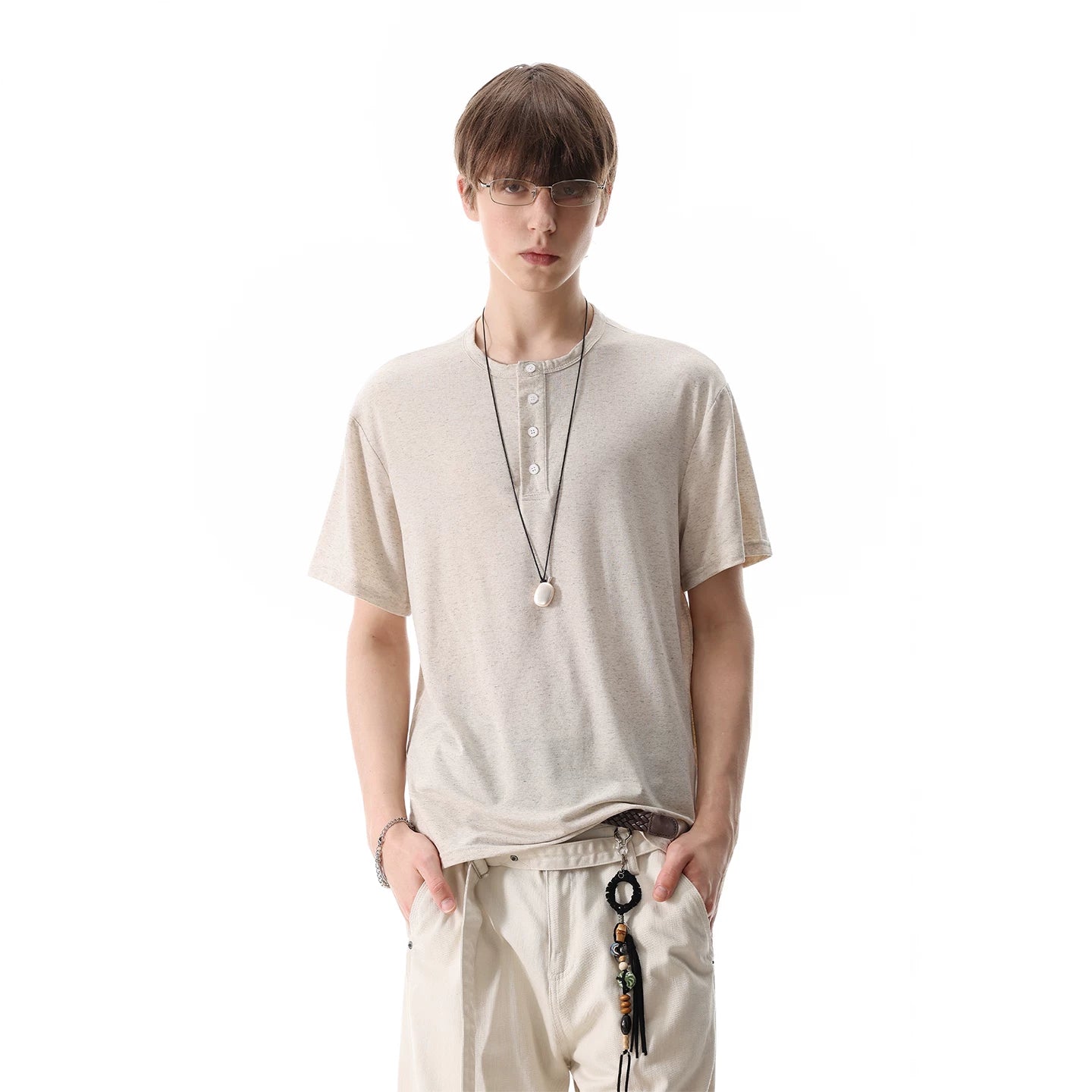 TREND ST Basic Three Color Linen Blended Short Sleeve Summer Old Money Style Henry Collar Shoulder T-shirt Men's and Women's Trendy