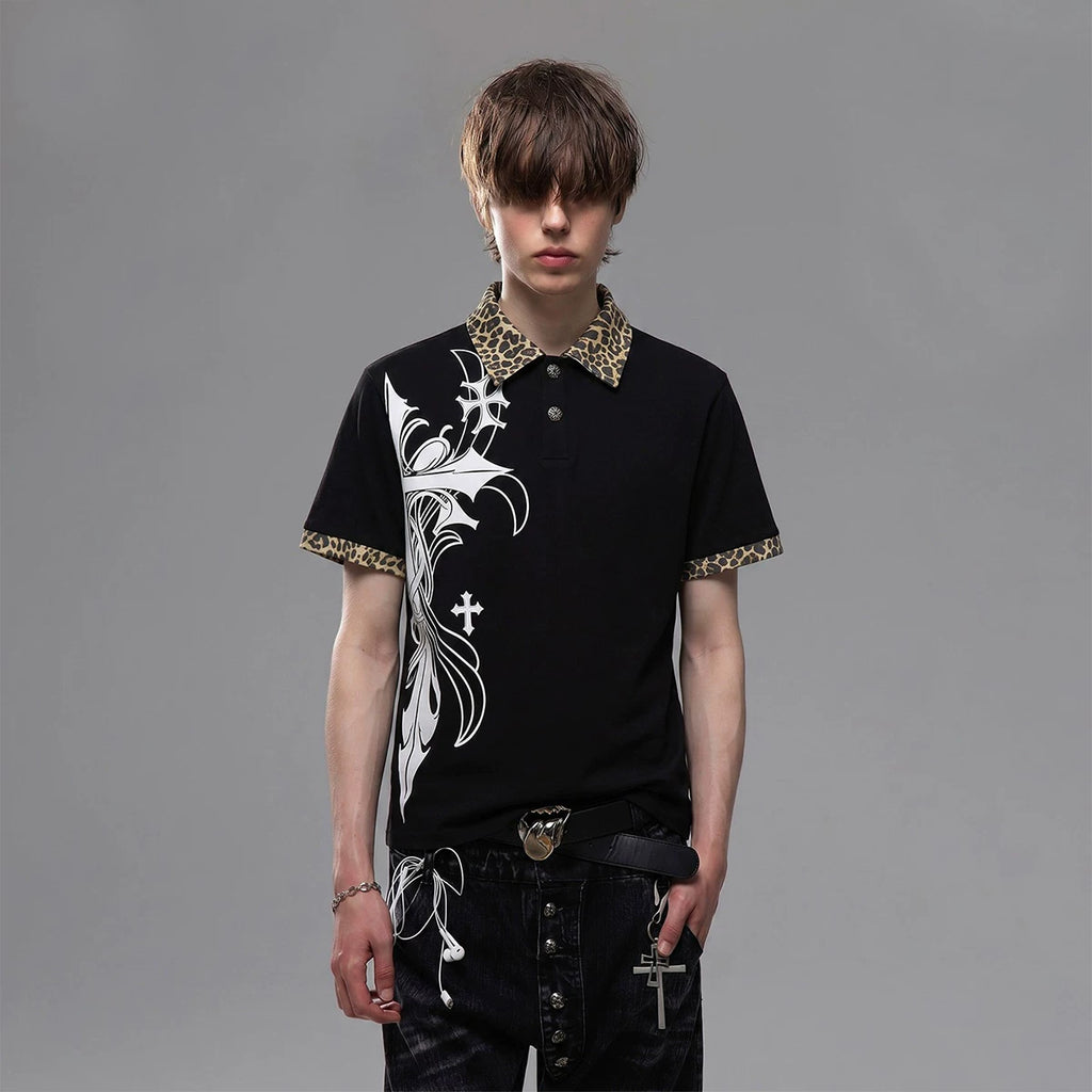 Light Asian street punk cross print shoulder T-shirt short sleeved men's summer boxy version leopard print patchwork polo shirt