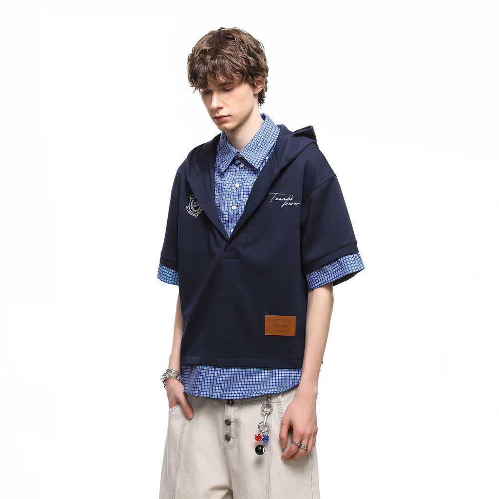 TREND ST American style fake two piece checkered shirt short sleeved summer high-end hooded T-shirt for men and women couple top