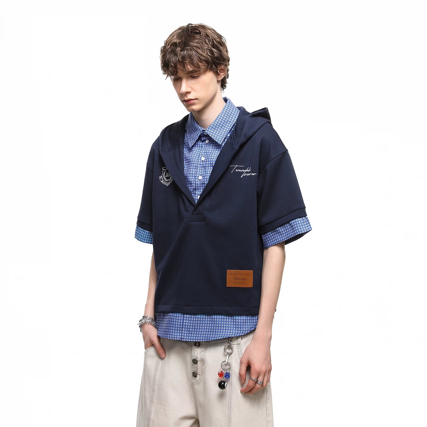 TREND ST American style fake two piece checkered shirt short sleeved summer high-end hooded T-shirt for men and women couple top