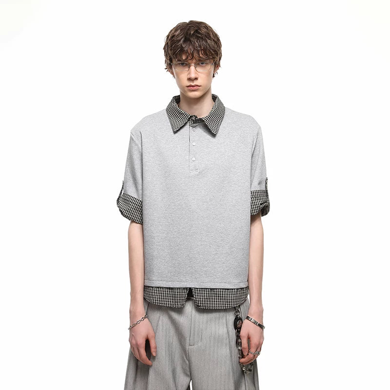 Miu style fake two piece polo shirt short sleeved couple summer patchwork design sense shoulder T-shirt loose five quarter sleeve