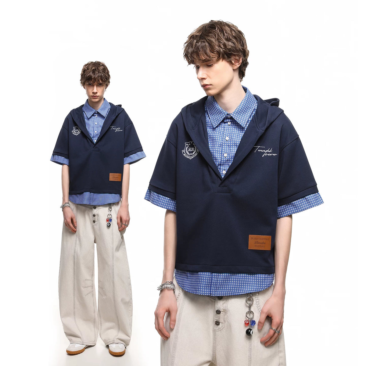 TREND ST American style fake two piece checkered shirt short sleeved summer high-end hooded T-shirt for men and women couple top