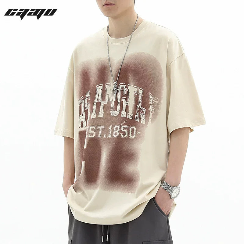 Trendy block American retro letter printed short sleeved T-shirt, loose and versatile pure cotton top, youthful and trendy style