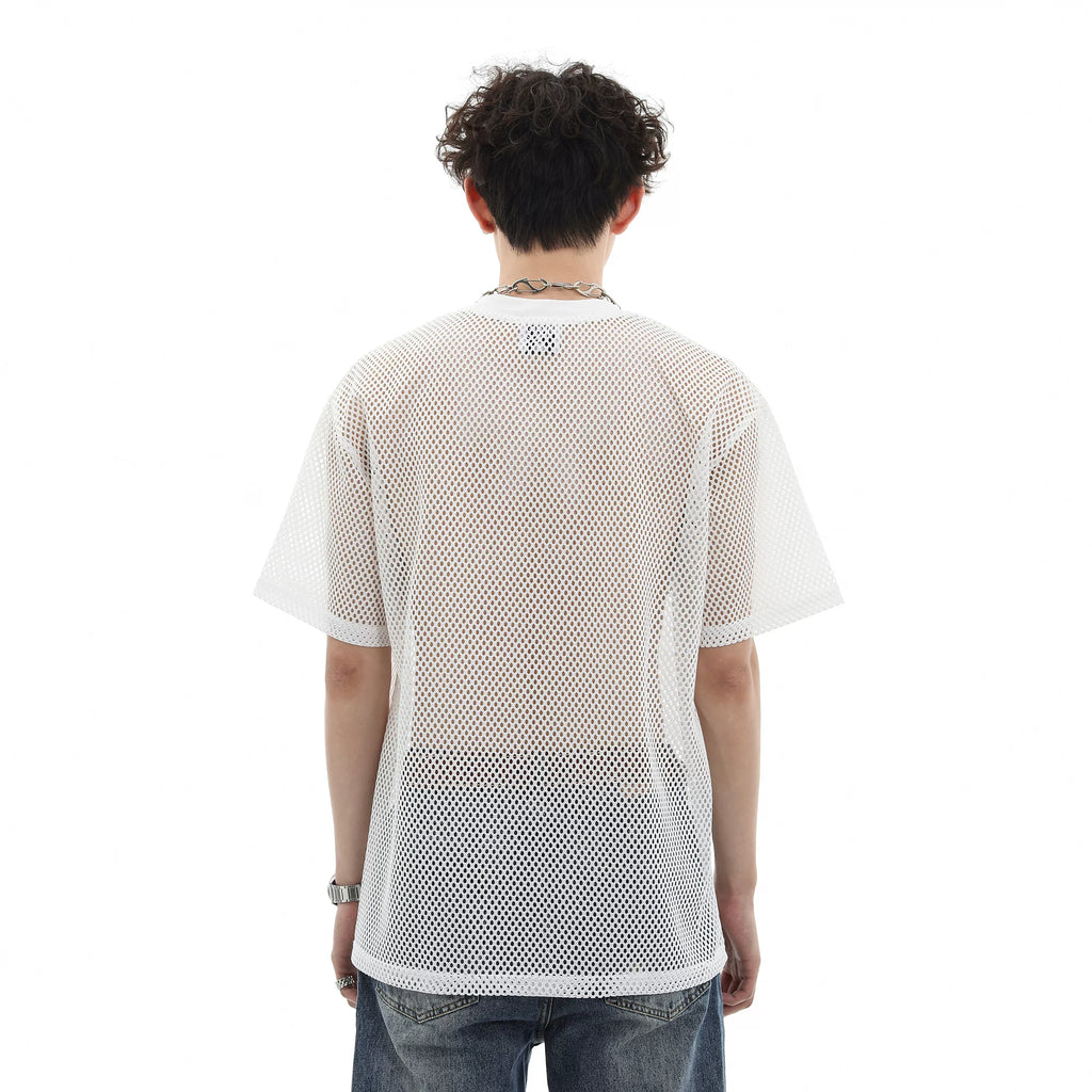 Trend st 25 year summer American fashion brand spider web hollow breathable semi transparent short sleeved T-shirt for couples