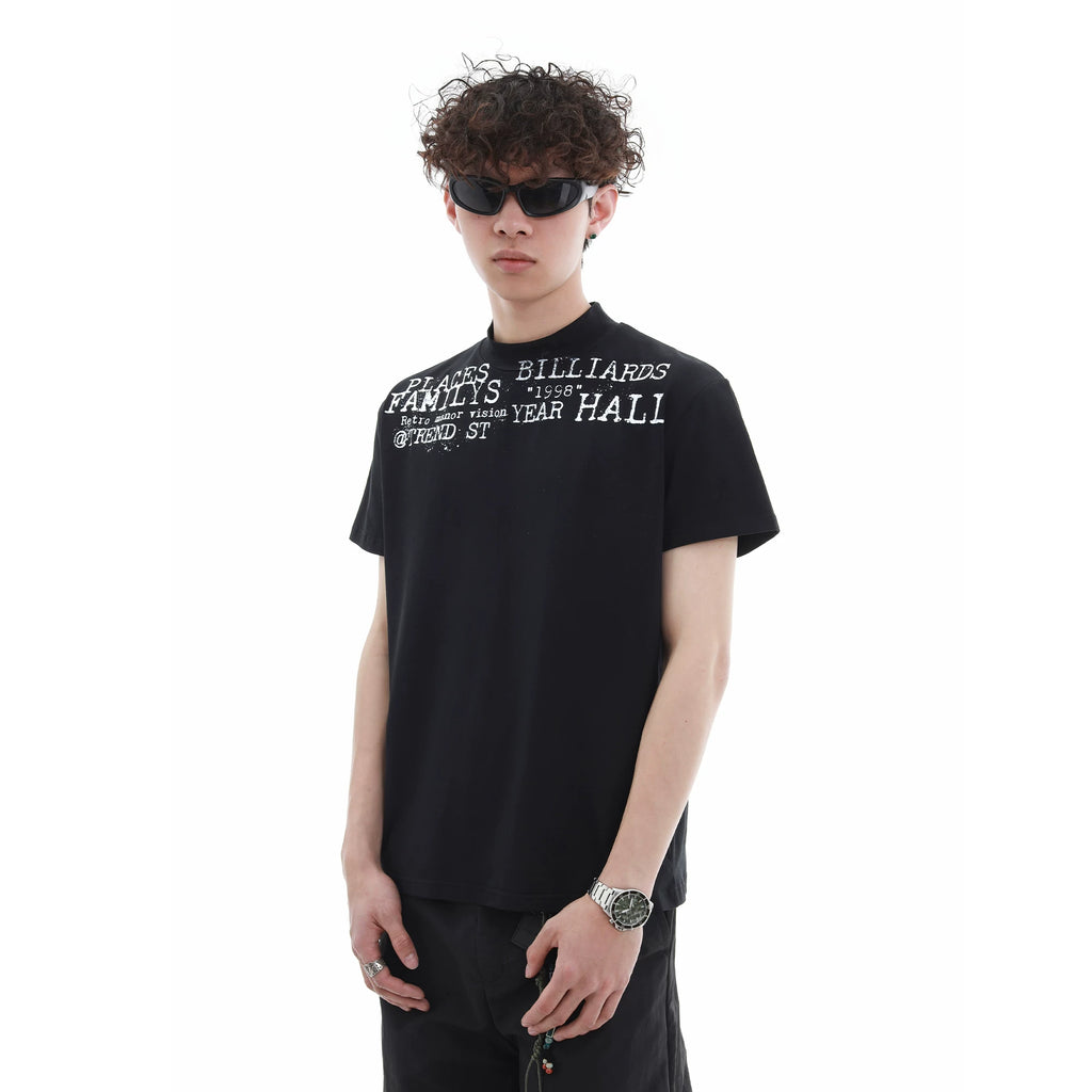 Summer niche letter printed high round neck casual short sleeved shirt for men and women, American style short cut, slim fit, elastic shoulder T-shirt trendy