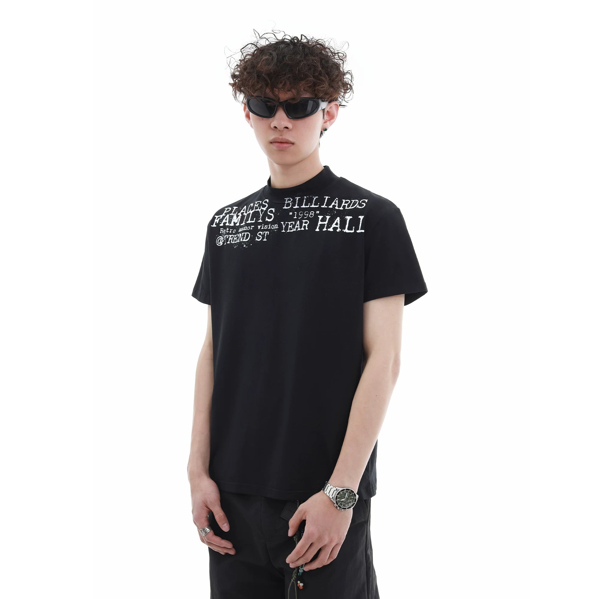 Summer niche letter printed high round neck casual short sleeved shirt for men and women, American style short cut, slim fit, elastic shoulder T-shirt trendy