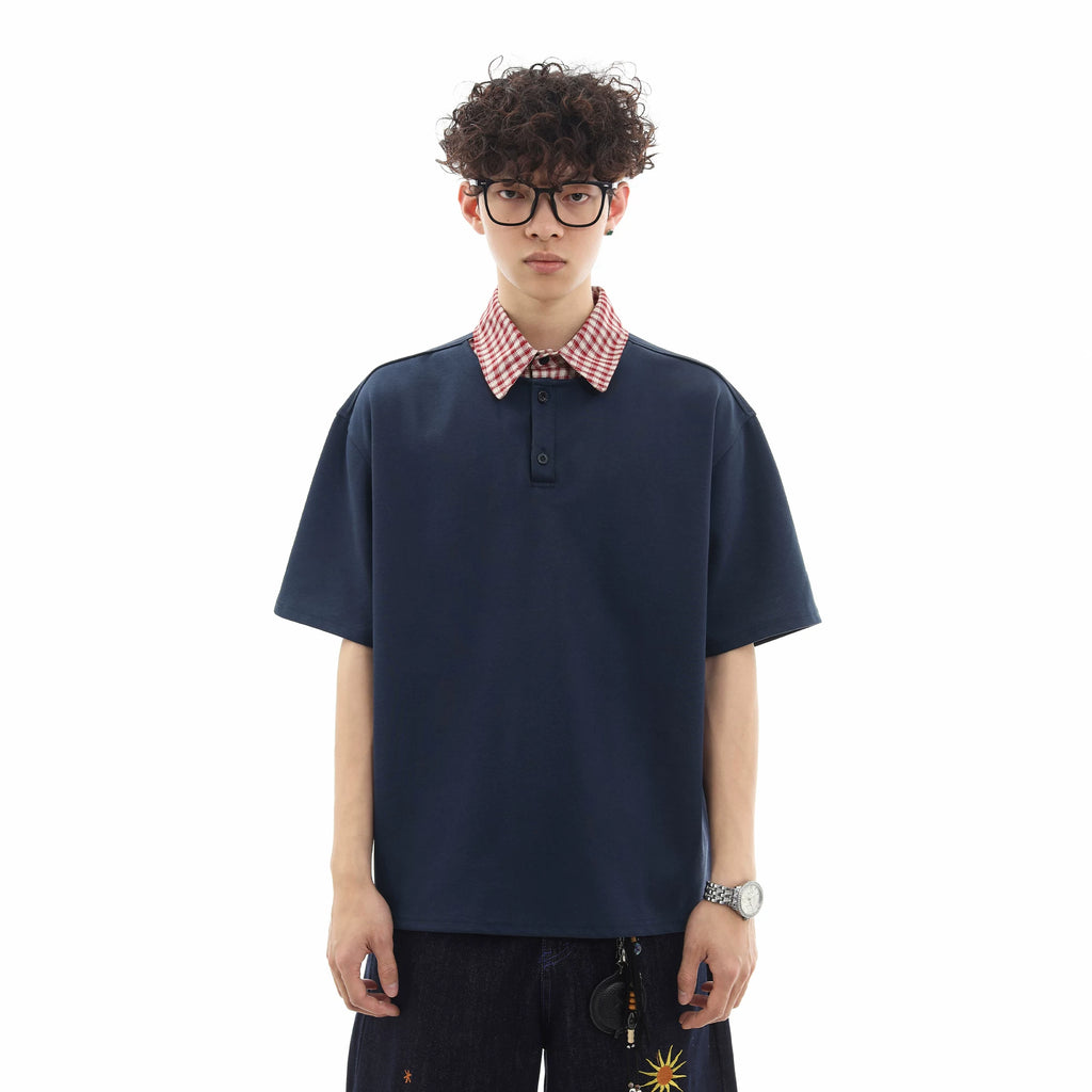 Trendy contrasting plaid patchwork polo shirt short sleeved men's summer loose and versatile fake two-piece half sleeved couple T-shirt