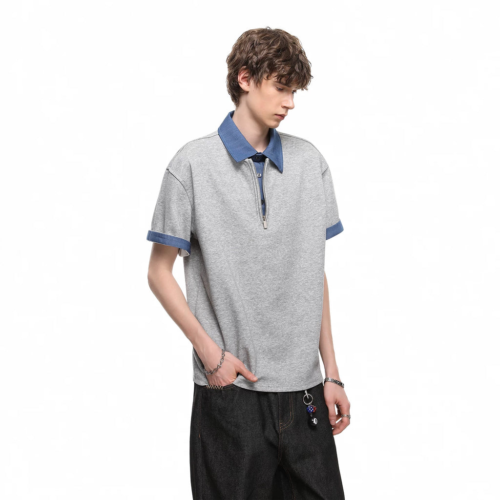 Fake two contrasting color lapel miu department college style short sleeved T-shirt for men and couples, Korean version trendy shirt collar T-shirt